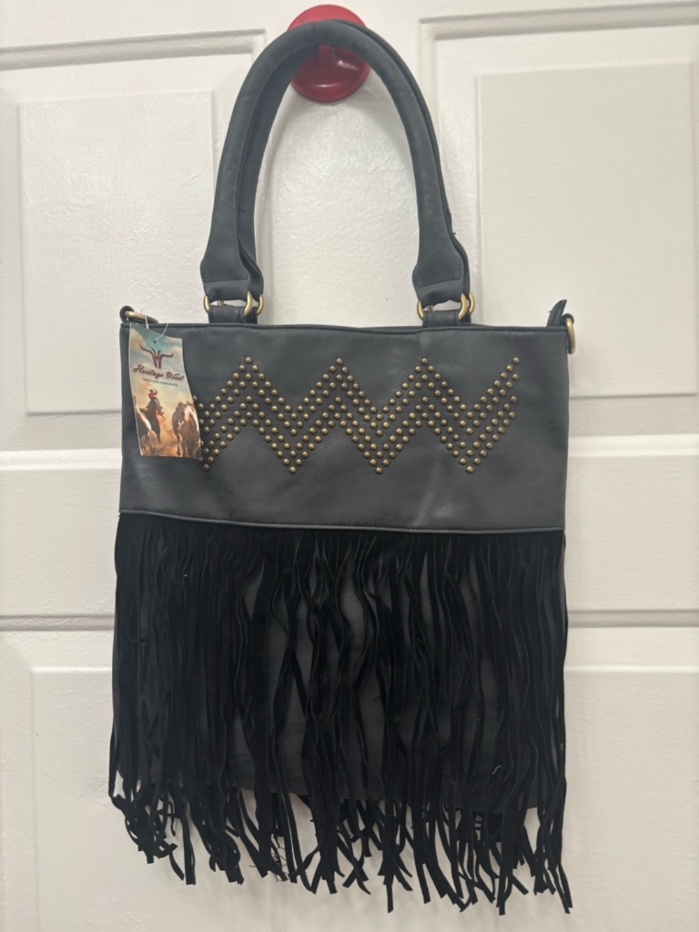 Black Studded Chevron Fringe Tote
